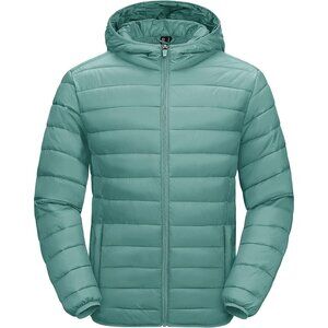 Men's Light Green Hooded Water-Resistant Outerwear Warm Quilted Puffer Jacket